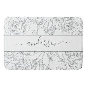 Elegant Floral Botanical White Grey Monogram Bath Mat