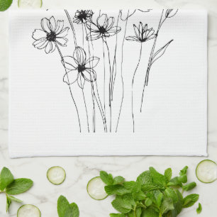 Elegant Floral Bouquet Line Art Kitchen Towel