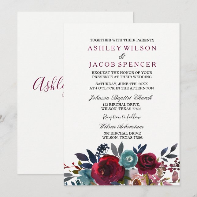 Élégant Floral Bourgogne Invitation de mariage de  (Devant / Derrière)