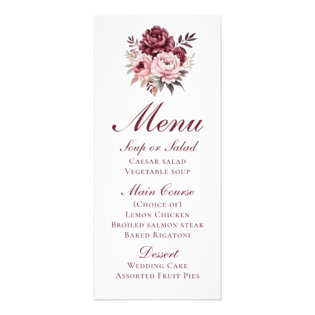 Elégant Floral Bourgogne Peony Menu Mariage (Devant)