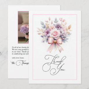 Elegant Floral Bow 1st Birthday Girl Photo Thank You Card