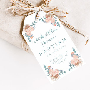 Elegant Floral Boy Photo Baptism Gift Tags