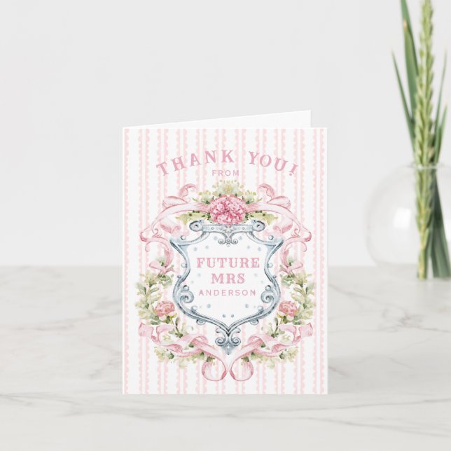 Elegant Floral Bridal Shower Crest Thank You Card (Front)