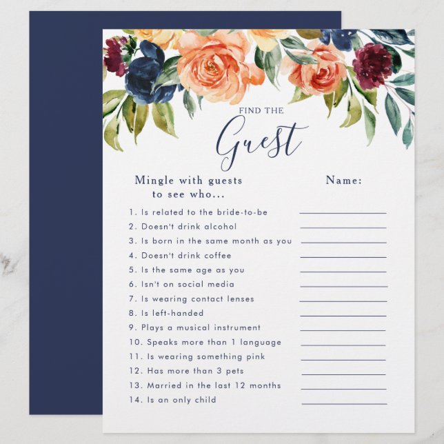 Elegant Floral Bridal Shower Find the Guest Game (Front/Back)
