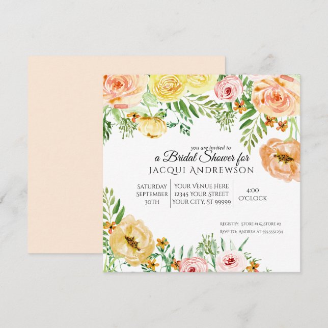 Elegant Floral Bridal Shower Peach Orange Roses Invitation (Front/Back)