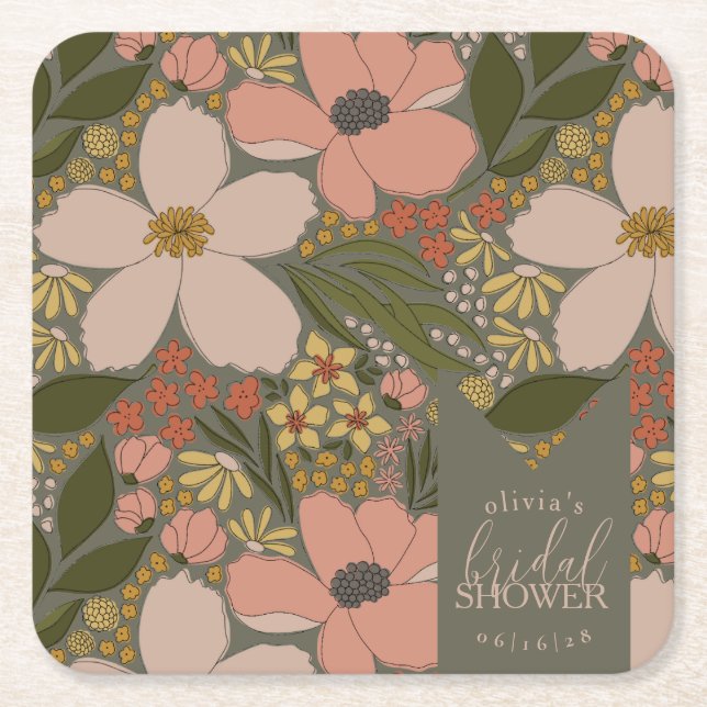 Elegant Floral Bridal Shower Personalized Square Paper Coaster (Front)
