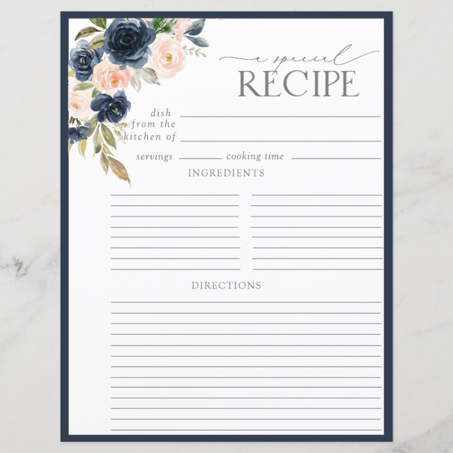 Elegant Floral Bridal Shower Recipe Binder Page (Front)