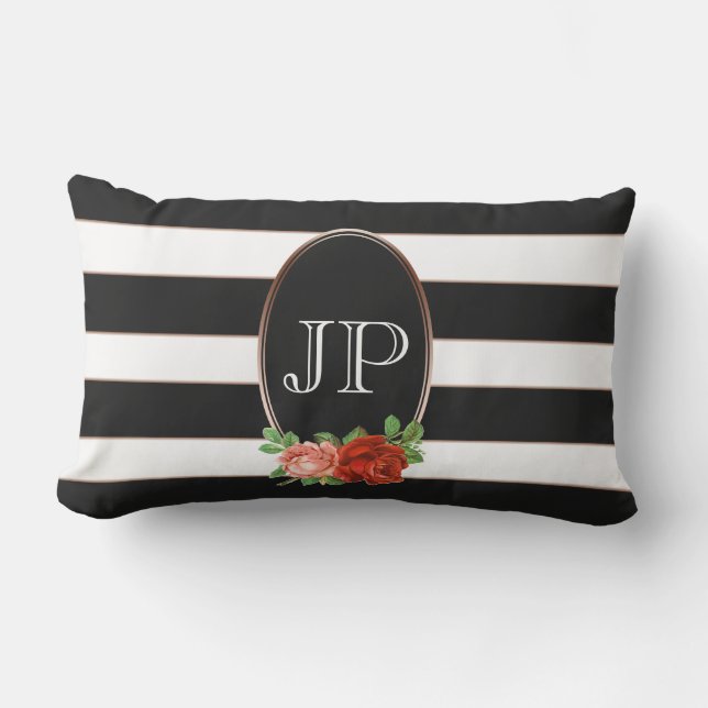 Elegant Floral Bronze Black White Striped Monogram Lumbar Pillow (Front)