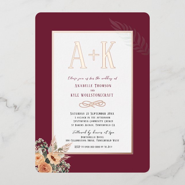 Elegant floral burgundy 5" x 7" Foil Invitation (Front)