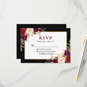 Elegant Floral Burgundy Black Gold Frame Wedding RSVP Card