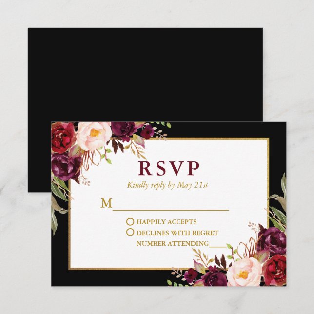 Elegant Floral Burgundy Black Gold Wedding RSVP Card (Front/Back)