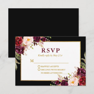 Elegant Floral Burgundy Black Gold Wedding RSVP Card