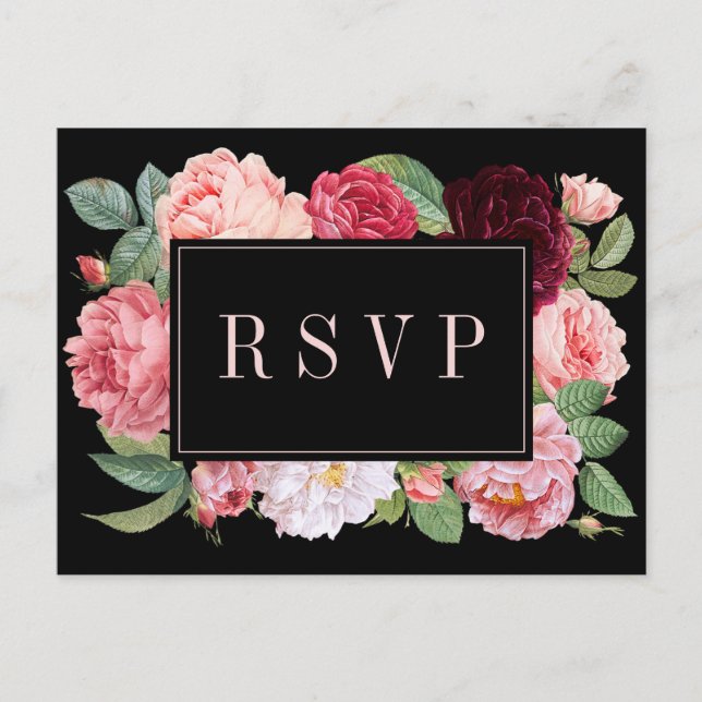 Elegant Floral Burgundy Black Wedding RSVP Postcard (Front)