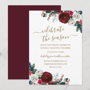 Elegant Floral Burgundy Christmas Party Invitation