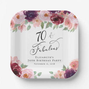 Elegant Floral Burgundy Pink 70th Birthday Party Paper Plate
