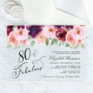 Elegant Floral Burgundy Pink 80th Birthday Party Acrylic Invitations