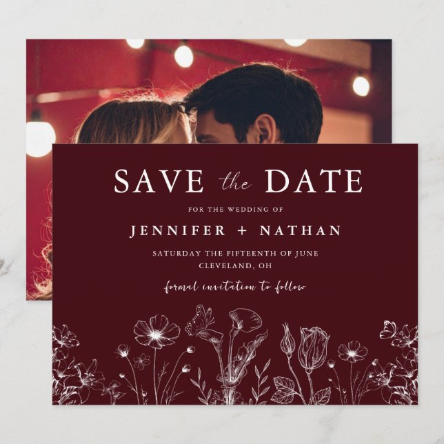 Elegant Floral Burgundy Save the Date Card  (Devant / Derrière)