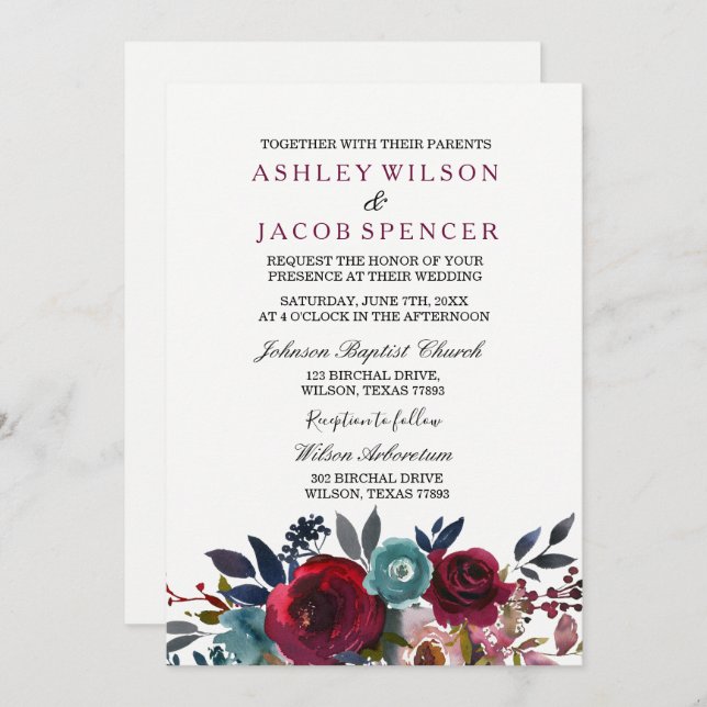 Elegant Floral Burgundy Spring Wedding Invite (Front/Back)