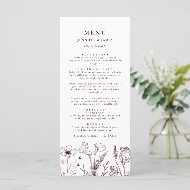 Elegant Floral Burgundy Wedding  Menu (Standing Front)