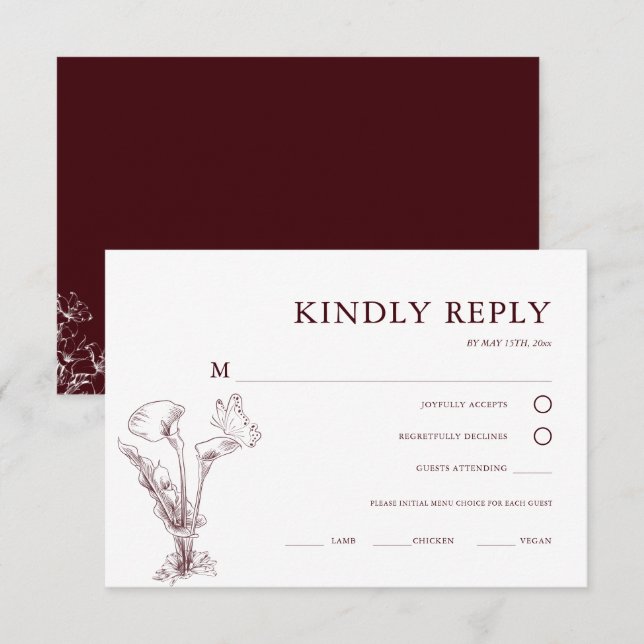 Elegant Floral Burgundy Wedding  RSVP Card (Front/Back)
