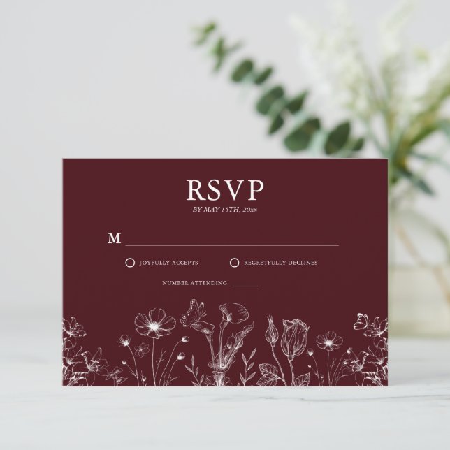 Elegant Floral Burgundy Wedding  RSVP Card (Standing Front)
