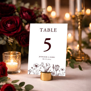 Elegant Floral Burgundy Wedding  Table Number