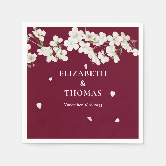 Elegant Floral Burgundy Wedding White Blossom Napkin (Front)