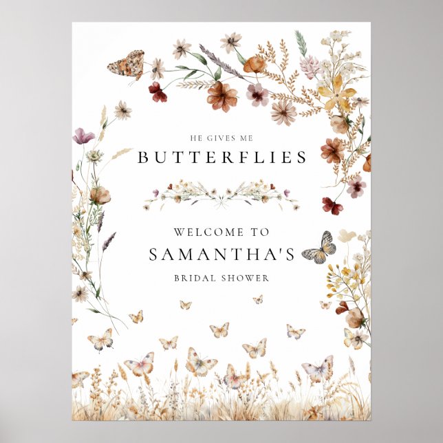 Elegant Floral Butterflies Bridal Shower Sign (Front)