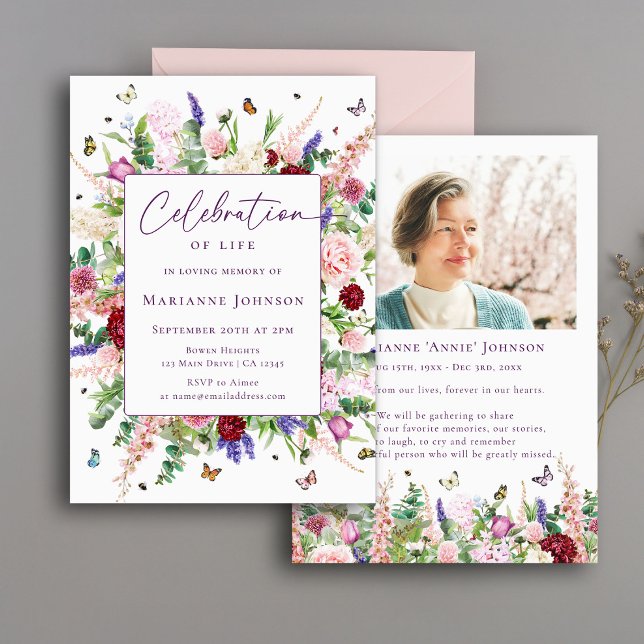 Elegant Floral Butterflies Memorial Invitation (Creator Uploaded)