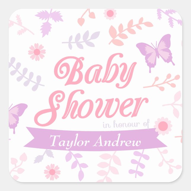 Elegant Floral Butterfly Baby Shower Party Square Sticker (Front)