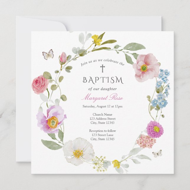 Elegant Floral Butterfly Baptism Invitation (Front)