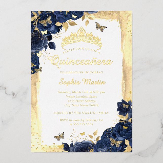 Elegant Floral Butterfly Gold Navy Quinceanera  (Front)