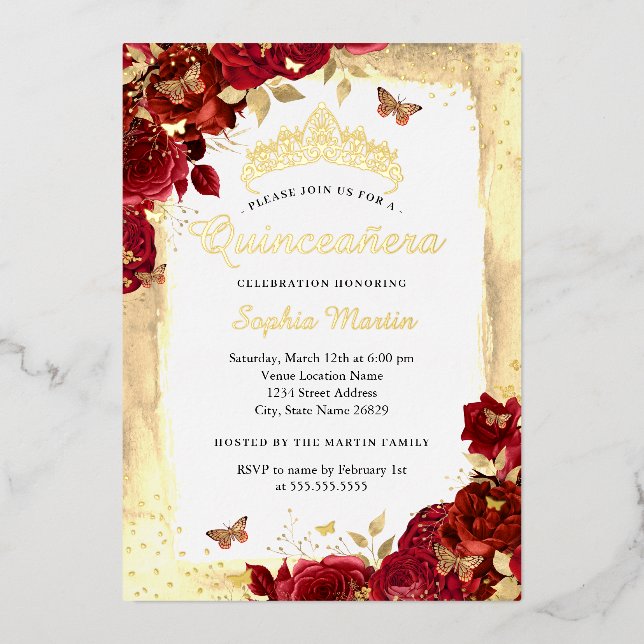 Elegant Floral Butterfly Gold Red Quinceanera (Front)