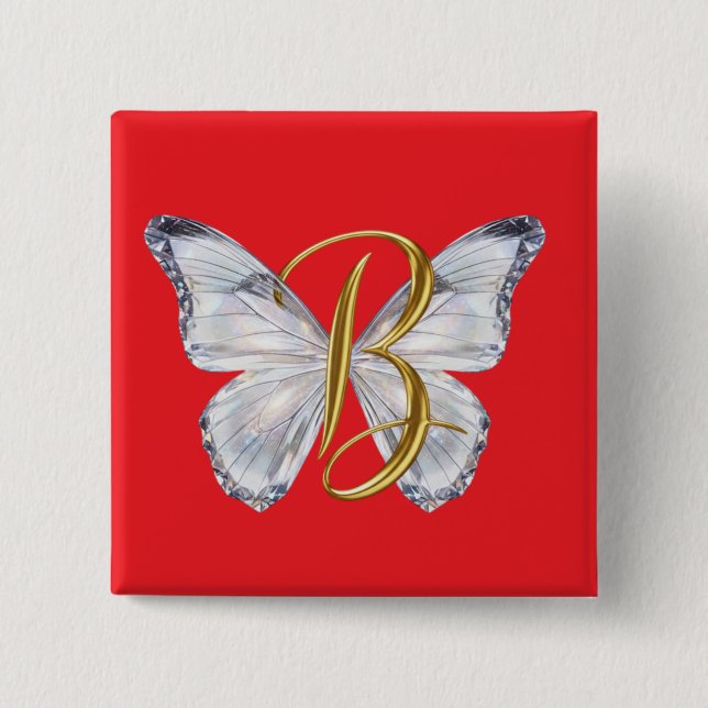 Elegant Floral Butterfly Letter B - Artistic Monog 2 Inch Square Button (Front)