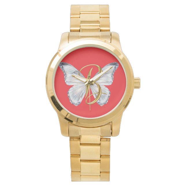 Elegant Floral Butterfly Letter B - Artistic Monog Watch (Front)