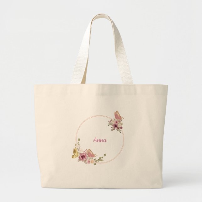 Elegant Floral Butterfly Rose Gold – Personalized Large Tote Bag (Front)