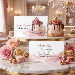 Elegant Floral Cake & Macaron Bakery Business Card
