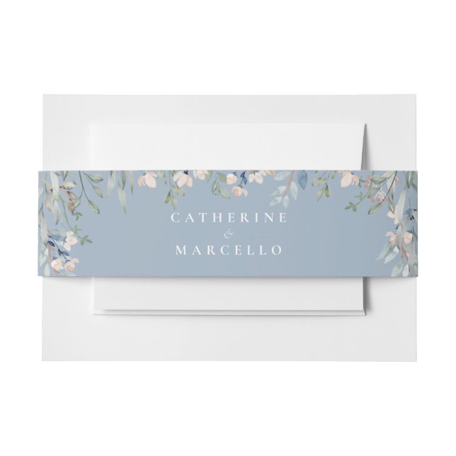 Elegant Floral Cascade Dusty Blue Wedding Invitation Belly Band (Front Example)