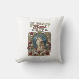 Elegant Floral Cat Cat Art Nouveau Vintage Vector Throw Pillow