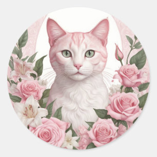 Elegant Floral Cat with Vibrant Roses and Lilies  Classic Round Sticker
