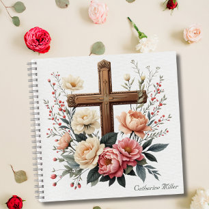Elegant Floral Catholic Cross Personalized Notebook