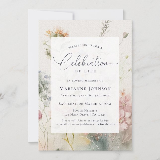 Elegant Floral Celebration of Life Memorial Invitation (Front)