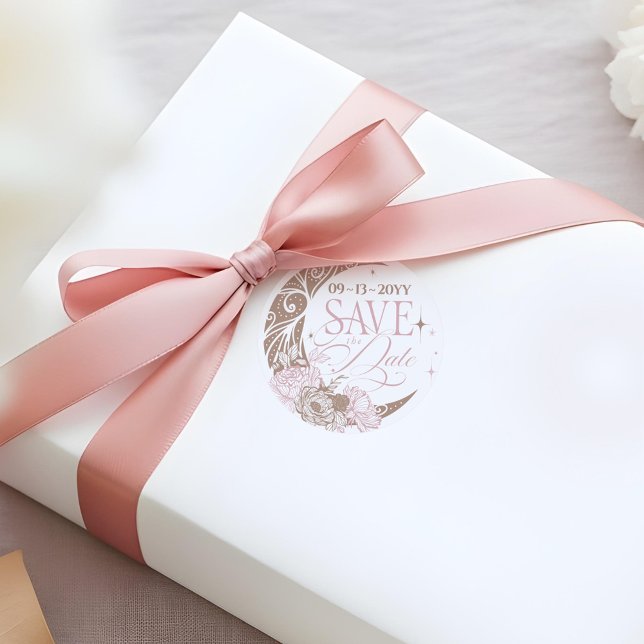 Elegant Floral Celestial Moon Stars Save The Date Classic Round Sticker (Elegant Floral Celestial Moon Stars Save The Date Classic Round Sticker)