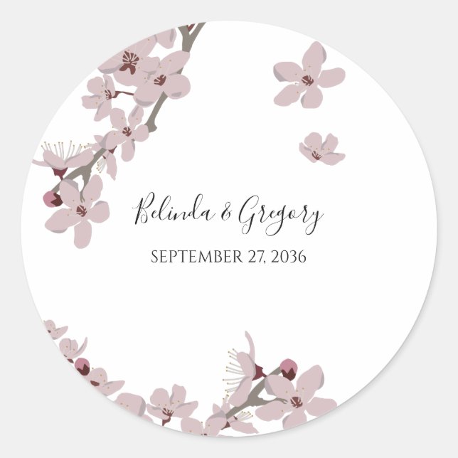 Elegant Floral Cherry Blossom Wedding  Classic Round Sticker (Front)