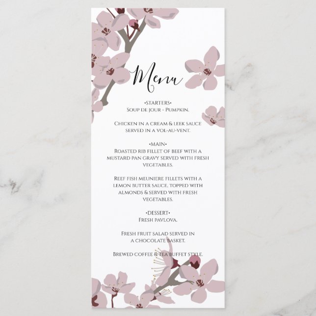 Elegant Floral Cherry Blossom Wedding Menu (Front)