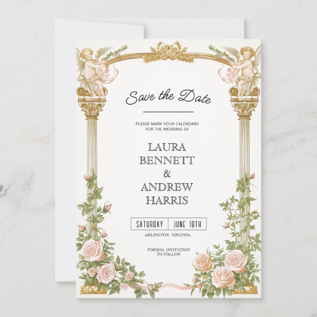 Elegant Floral Cherub Save the Date Invitation (Front)