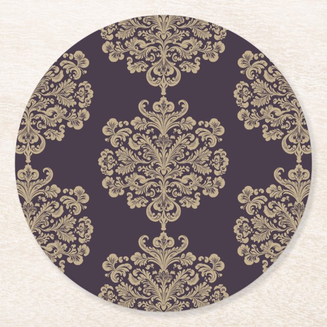 Elegant floral chic gold damask pattern  round paper coaster (Front)
