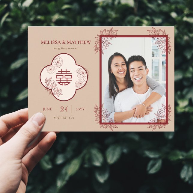 Elegant Floral Chinese Wedding Photo Save the Date (Elegant Floral Chinese Wedding Photo Save the Date)