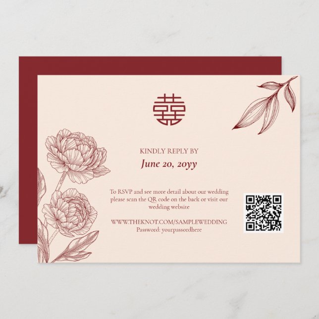 Elegant Floral Chinese Wedding RSVP Invitation (Front/Back)