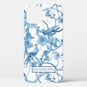 Elegant Floral Chinoiserie Blue and White Birds iPhone 12 Case